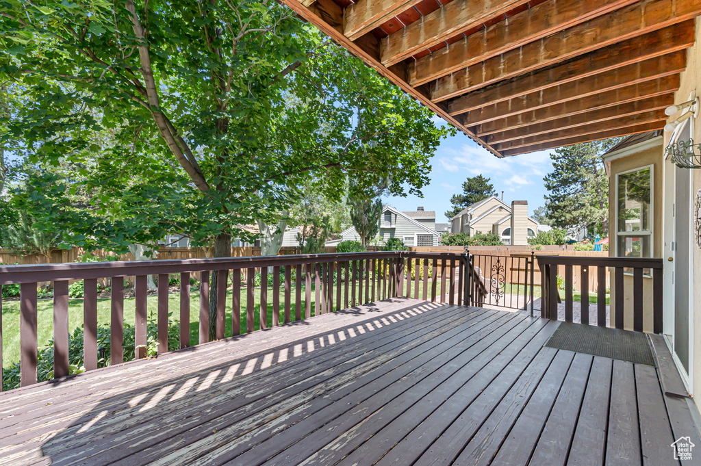 Wooden terrace featuring a fenced backyard and a residential view