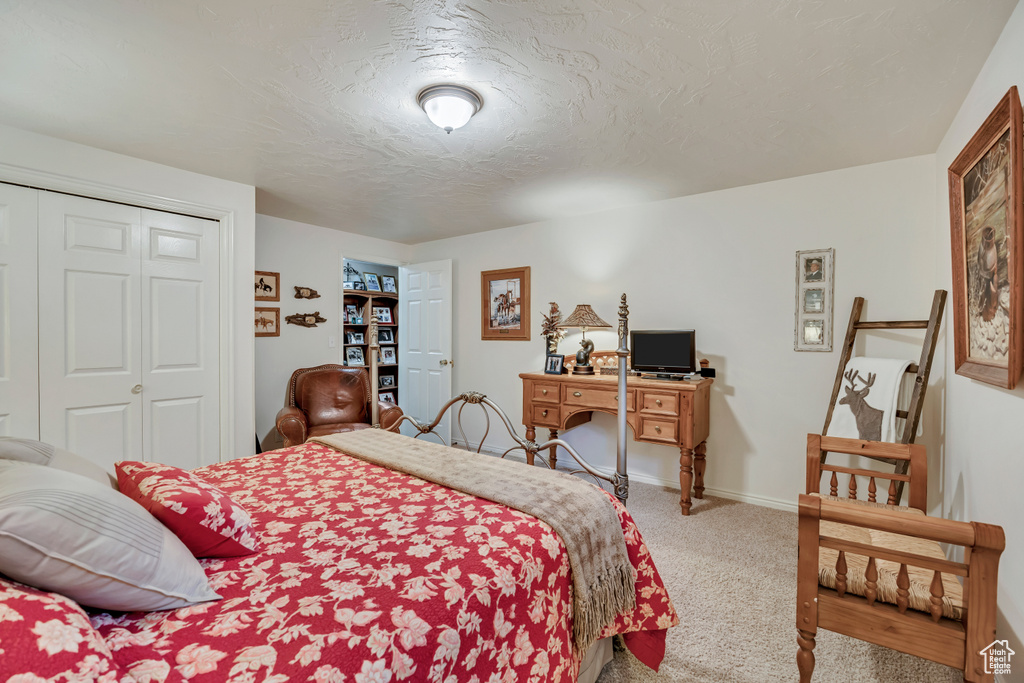 Carpeted bedroom with a closet and baseboards