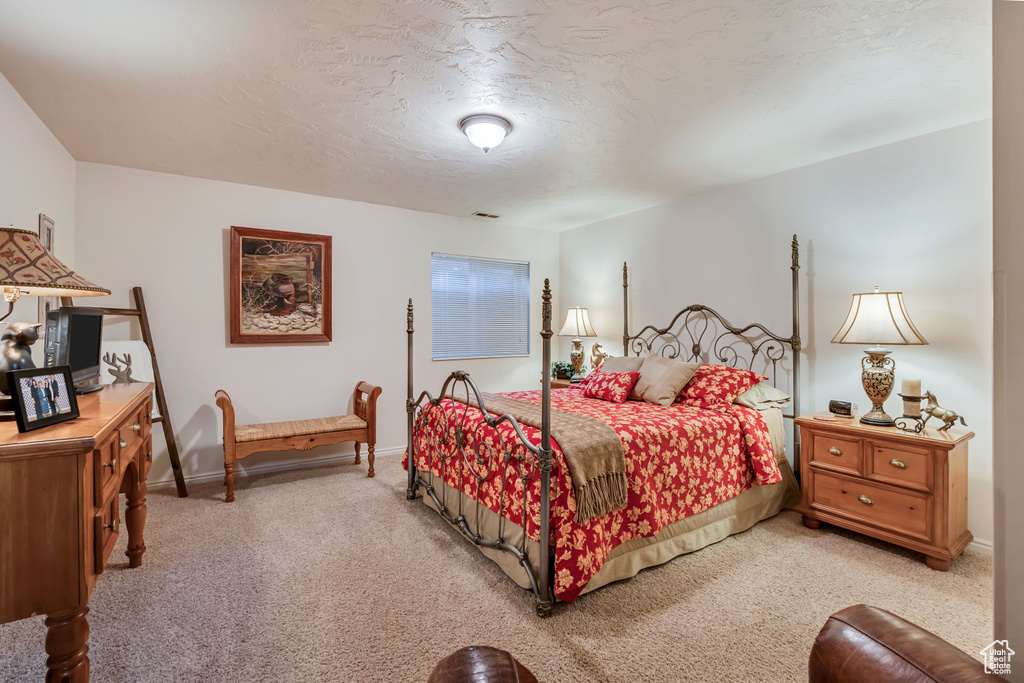 Bedroom with light carpet and a textured ceiling