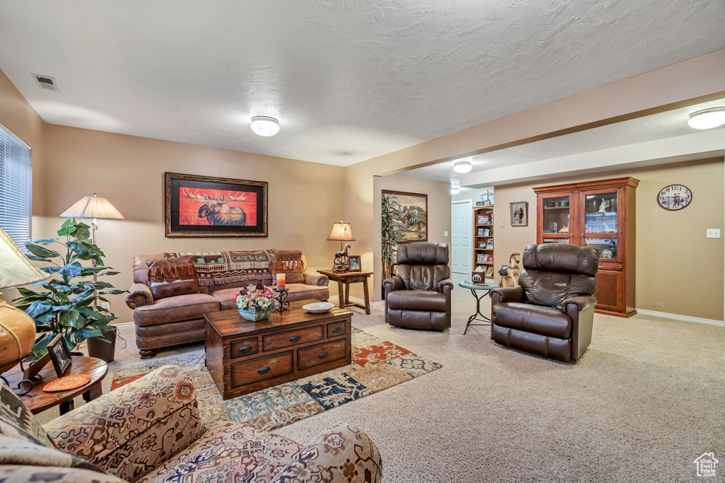 Carpeted living room with baseboards