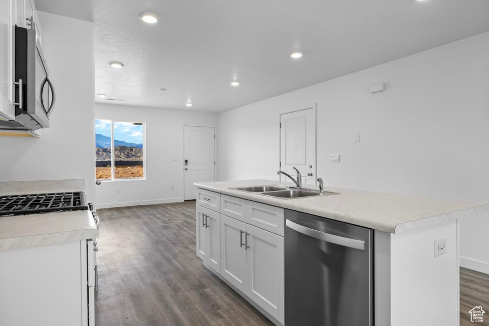 Kitchen featuring stainless steel appliances, dark wood-style flooring, white cabinetry, and recessed lighting