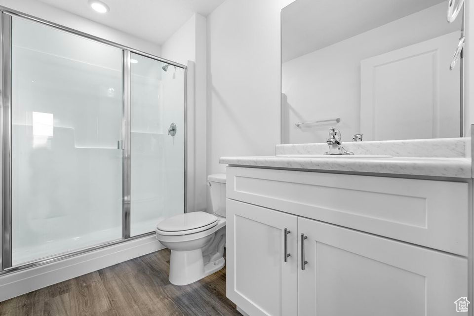 Bathroom with vanity, wood finished floors, a shower stall, and recessed lighting
