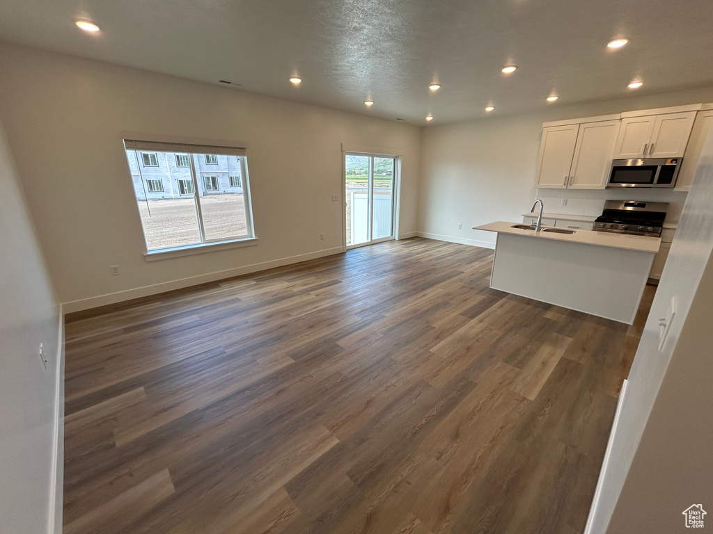 Kitchen featuring appliances with stainless steel finishes, open floor plan, recessed lighting, dark wood finished floors, and white cabinets