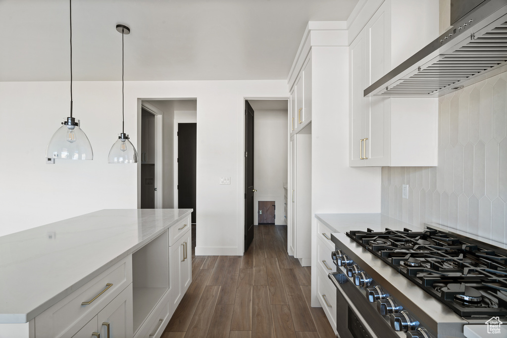 Kitchen with range hood, stainless steel gas range, white cabinetry, and dark wood-style flooring