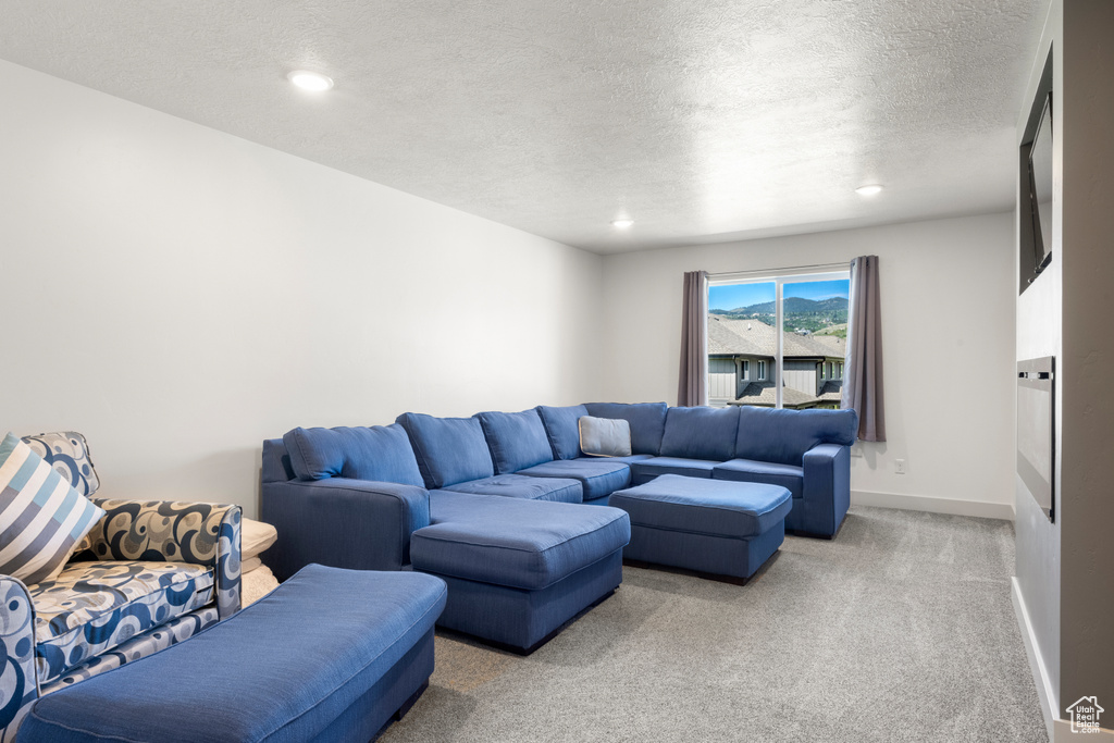 Living room featuring light colored carpet, a textured ceiling, and recessed lighting
