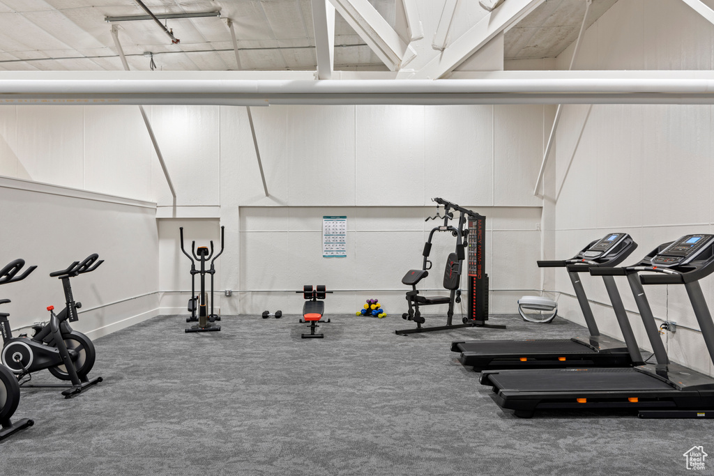 Exercise room featuring carpet flooring