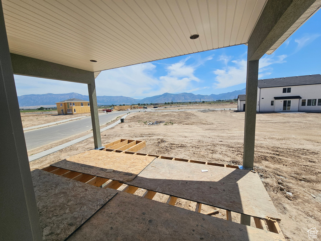 View of patio featuring a mountain view