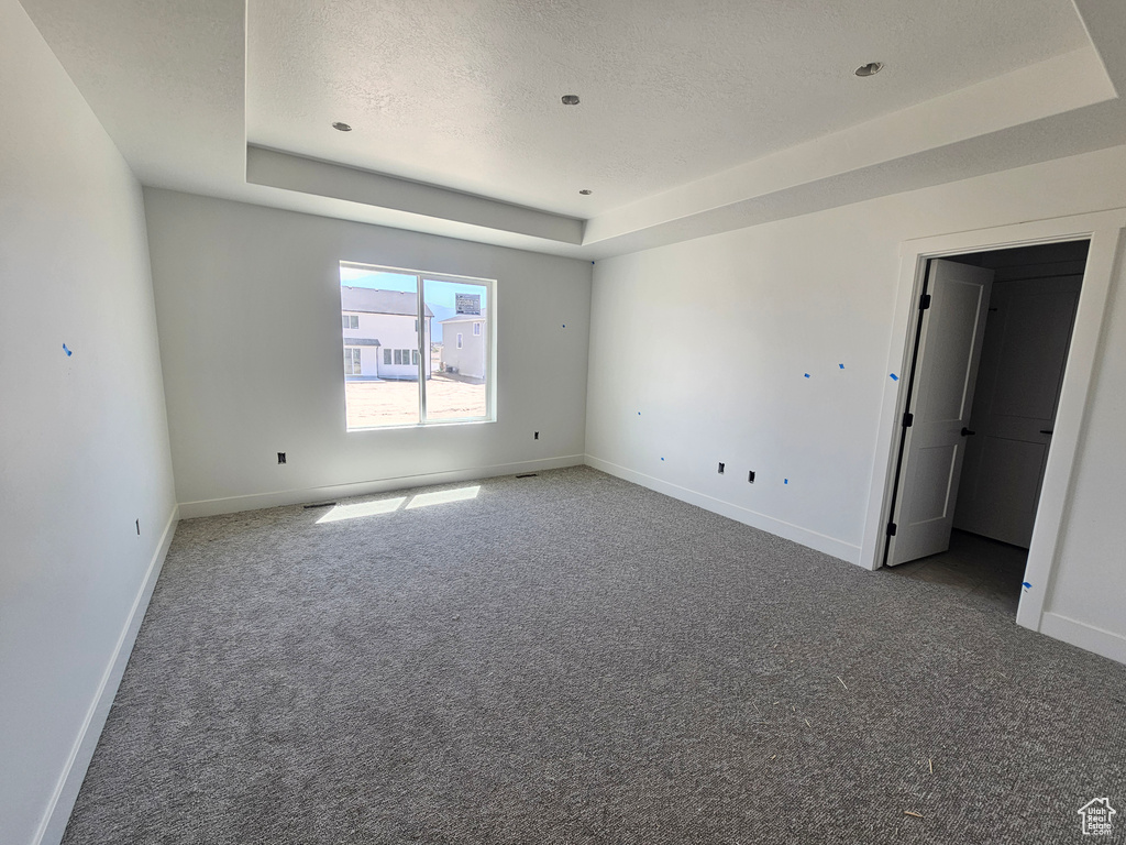 Spare room featuring a tray ceiling, carpet, and a textured ceiling