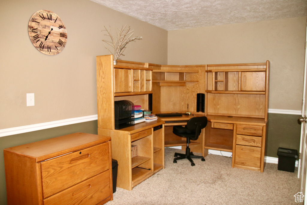 Home office with light colored carpet and a textured ceiling