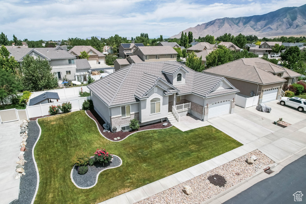Aerial perspective of suburban area featuring mountains