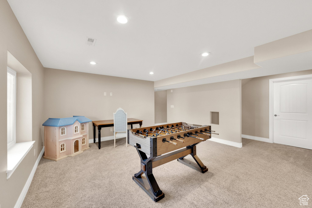 Rec room featuring carpet flooring and recessed lighting