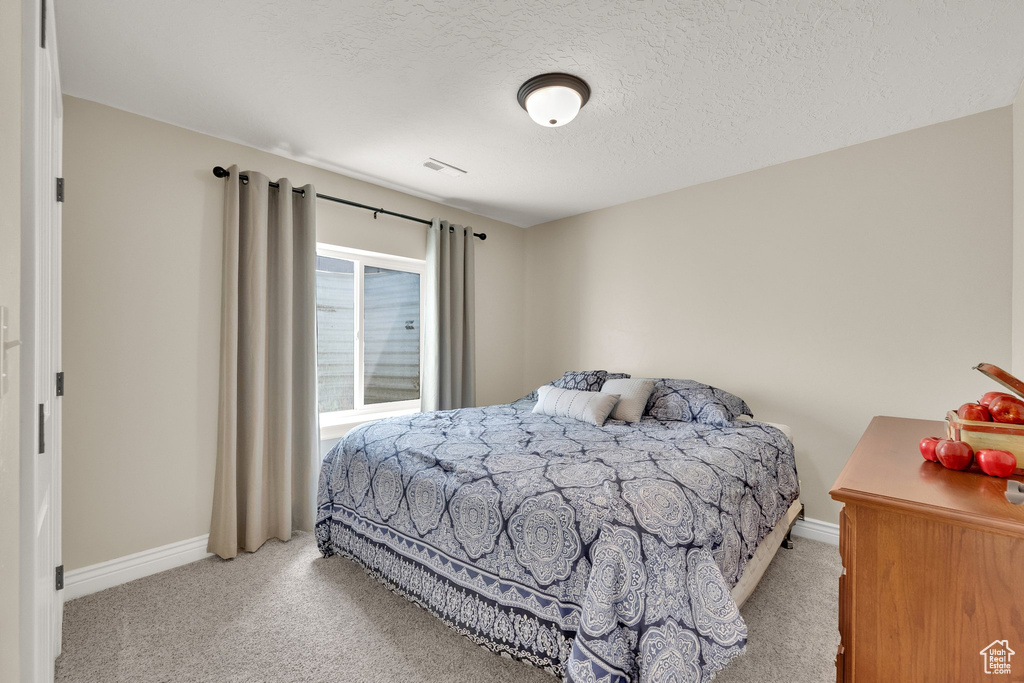 Bedroom with carpet floors and a textured ceiling