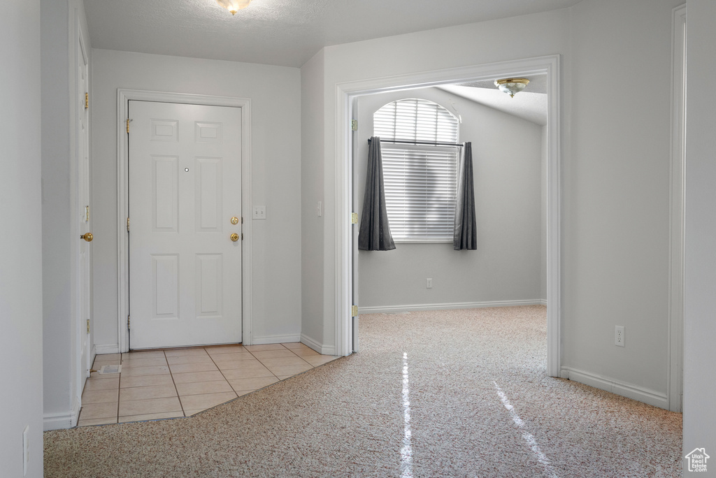 Carpeted entryway featuring baseboards and tile patterned flooring