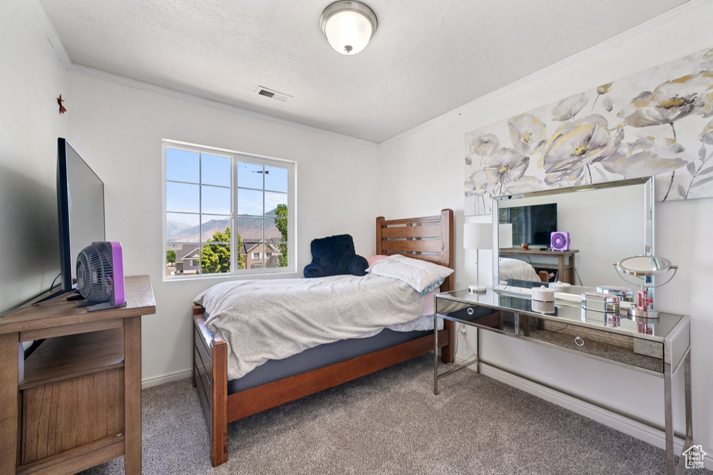 Bedroom featuring carpet, ornamental molding, and an office area