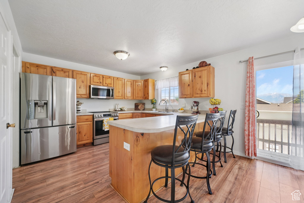 Kitchen featuring stainless steel appliances, light wood-type flooring, a peninsula, and light countertops