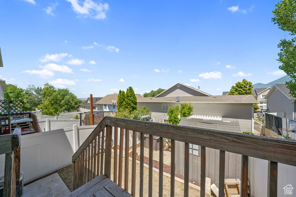 Wooden deck featuring a residential view and a fenced backyard