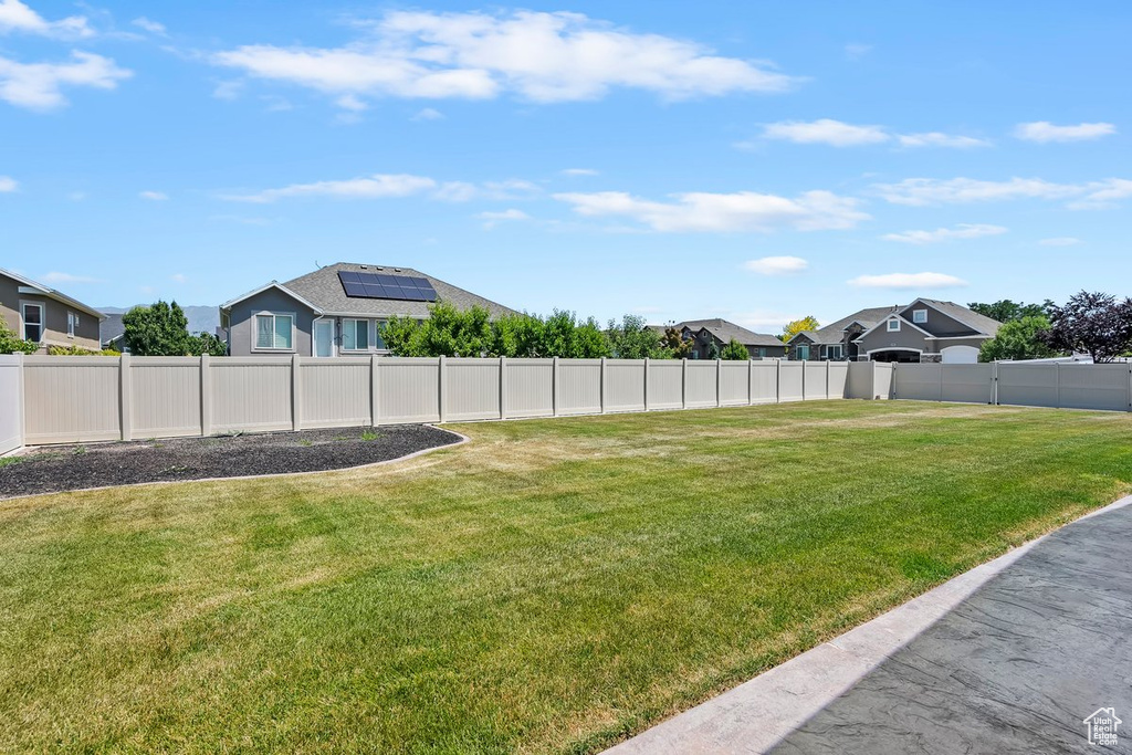Fenced backyard featuring a residential view