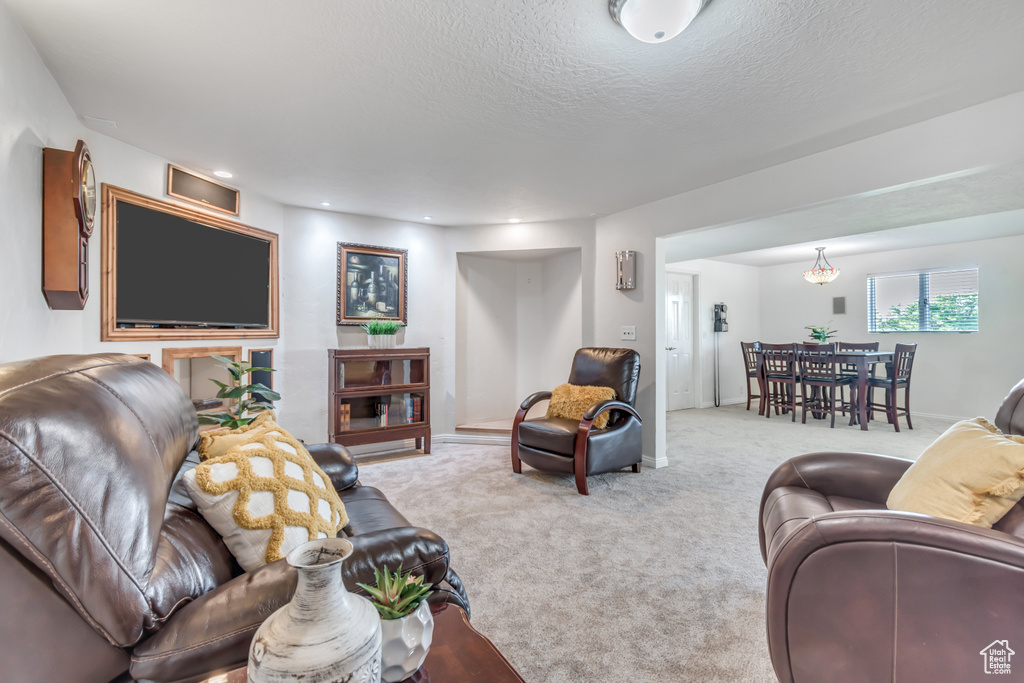 Living room with carpet flooring and a textured ceiling