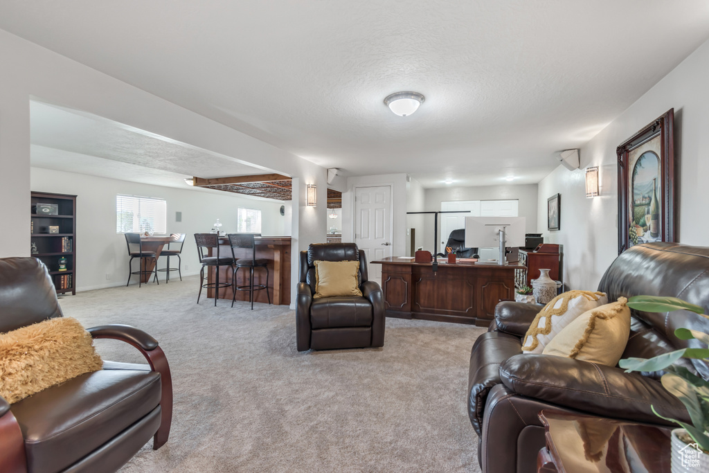 Carpeted living room featuring bar area and a textured ceiling