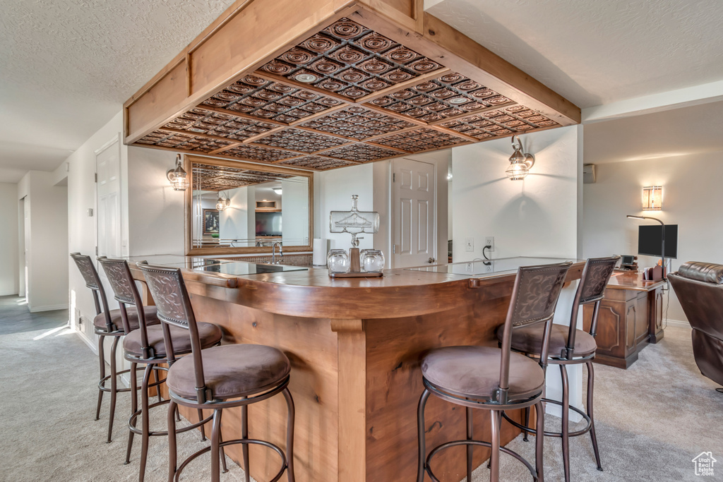 Indoor wet bar with light carpet and cooktop
