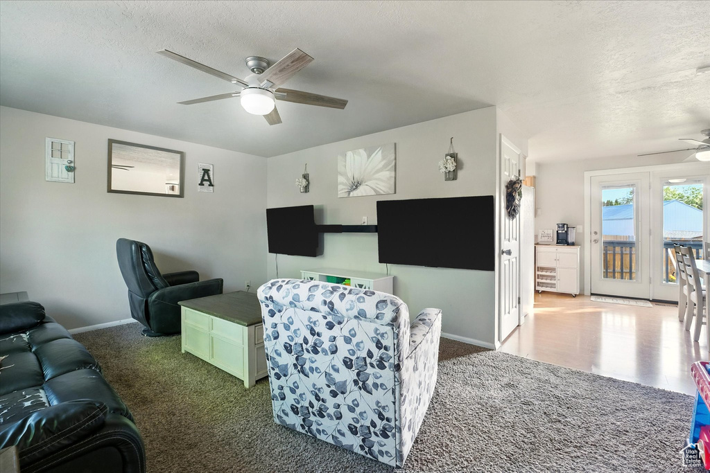 Carpeted living room featuring a ceiling fan and a textured ceiling