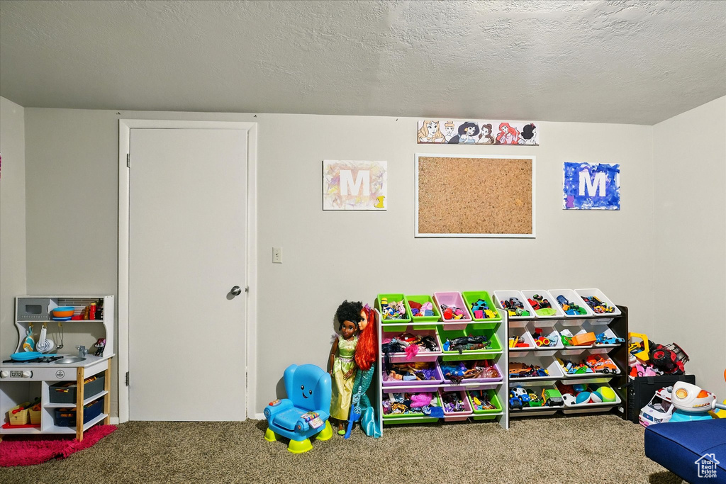 Game room with carpet floors and a textured ceiling