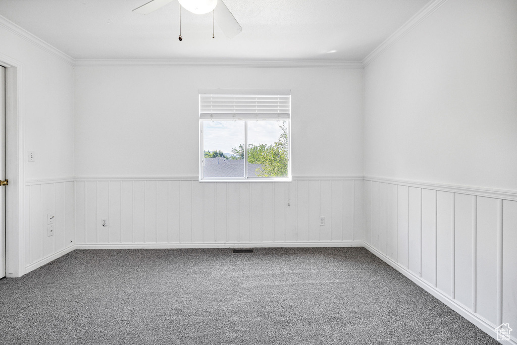 Carpeted empty room featuring ceiling fan, crown molding, and a wainscoted wall