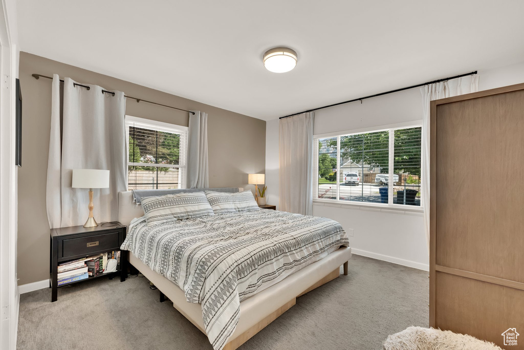 Bedroom featuring carpet flooring, multiple windows, and baseboards