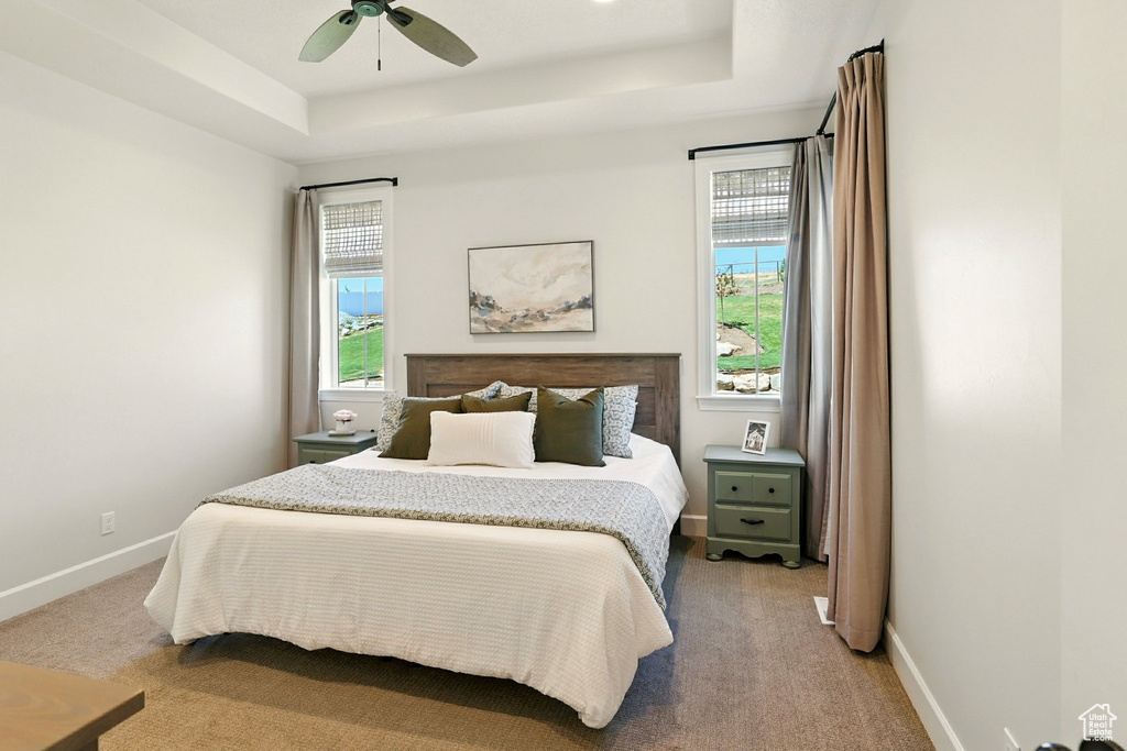 Carpeted bedroom with a tray ceiling, multiple windows, and ceiling fan