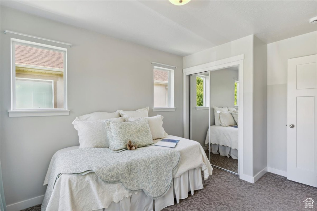 Bedroom with a closet and carpet flooring