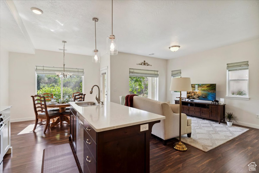 Kitchen featuring dark wood-style floors, open floor plan, light countertops, a chandelier, and dark brown cabinetry
