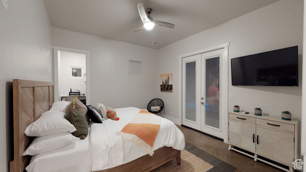 Bedroom with access to exterior, ceiling fan, and french doors