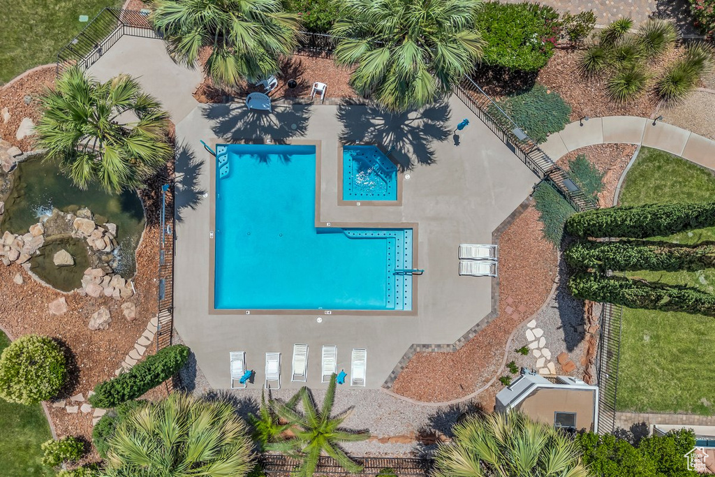 Drone / aerial view of a pool area