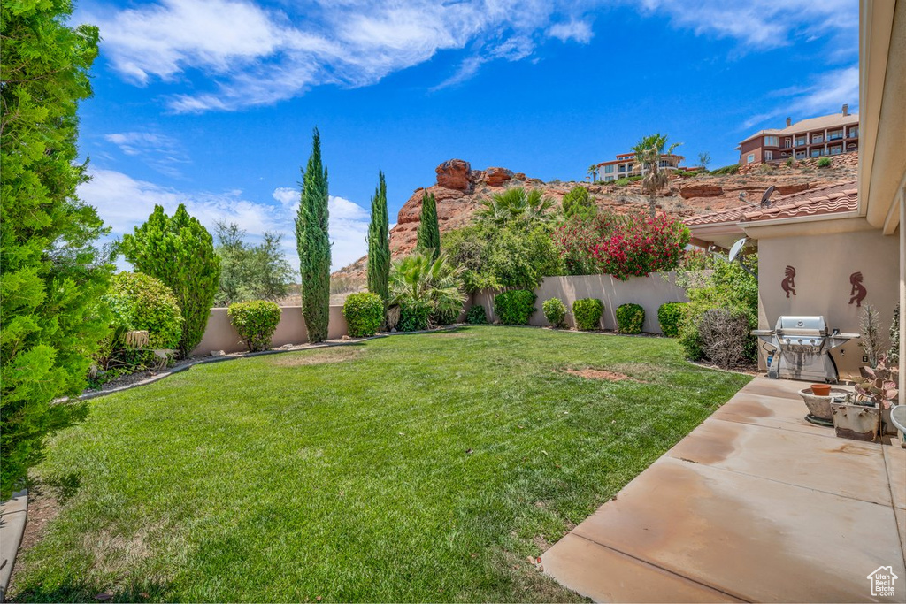Fenced backyard featuring a patio area