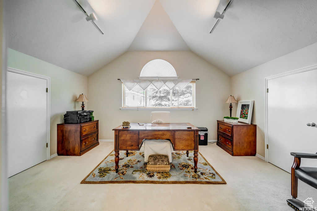 Carpeted office with track lighting and vaulted ceiling