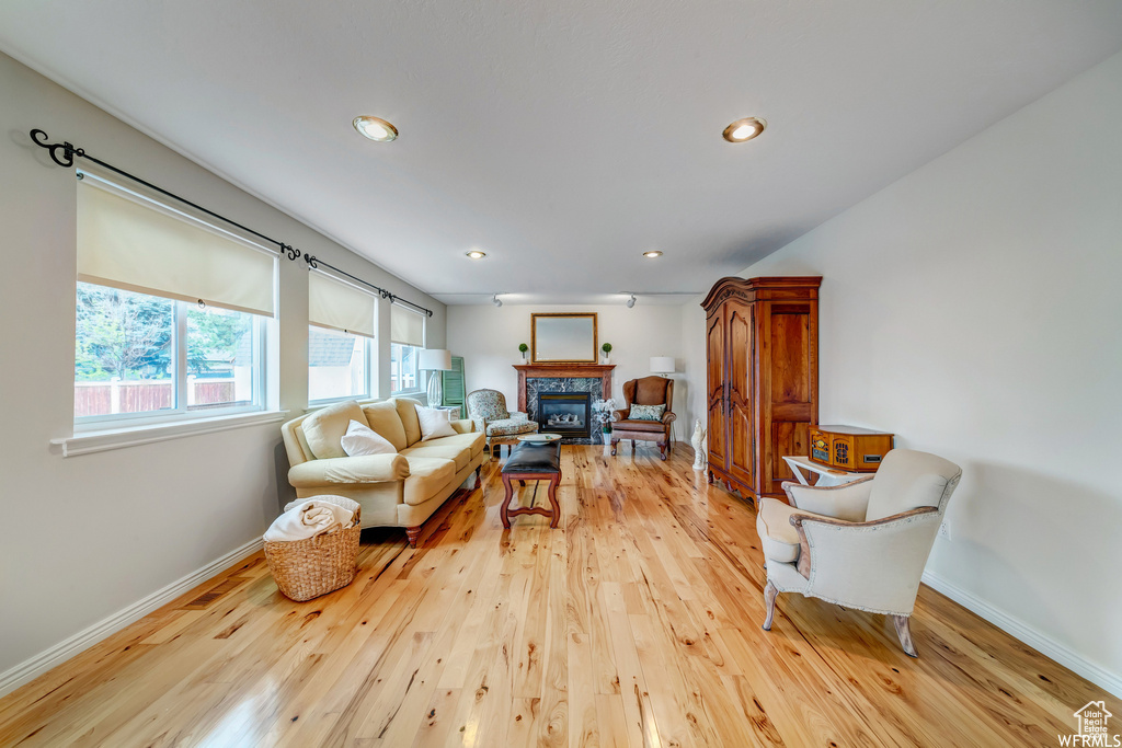 Living area featuring light wood-type flooring, a glass covered fireplace, and recessed lighting