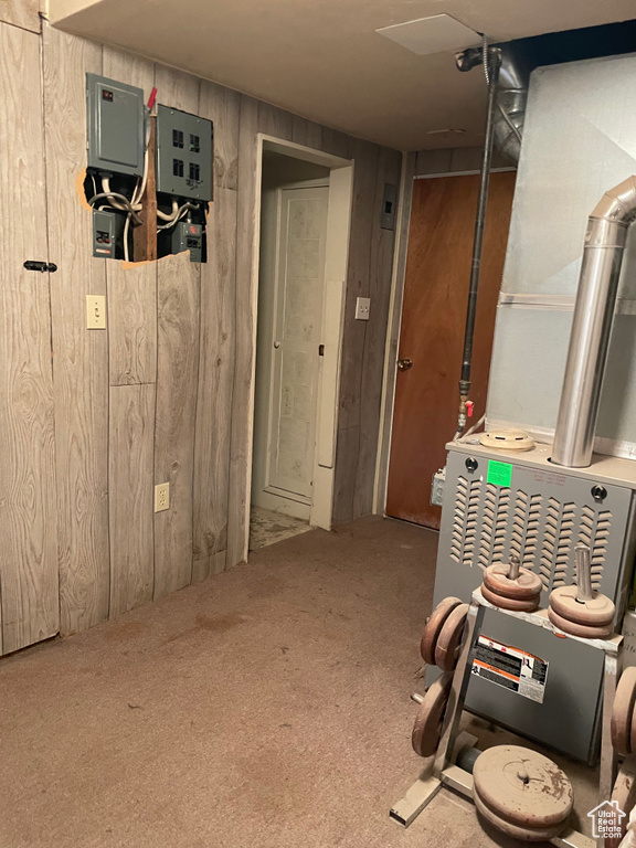 Finished basement with wood walls and carpet
