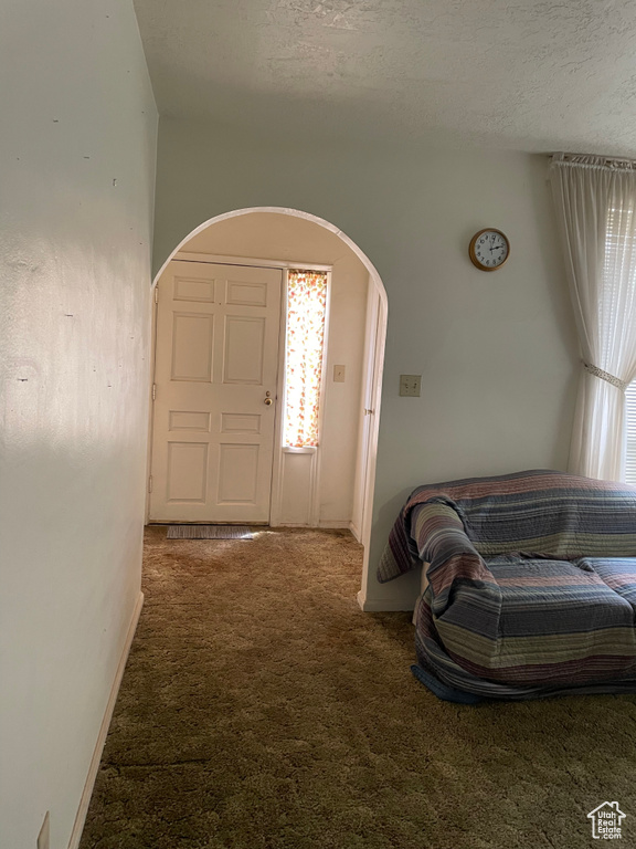 Entrance foyer featuring arched walkways, carpet, and a textured ceiling
