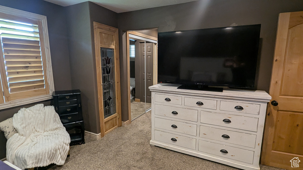 Bedroom featuring light carpet and multiple windows