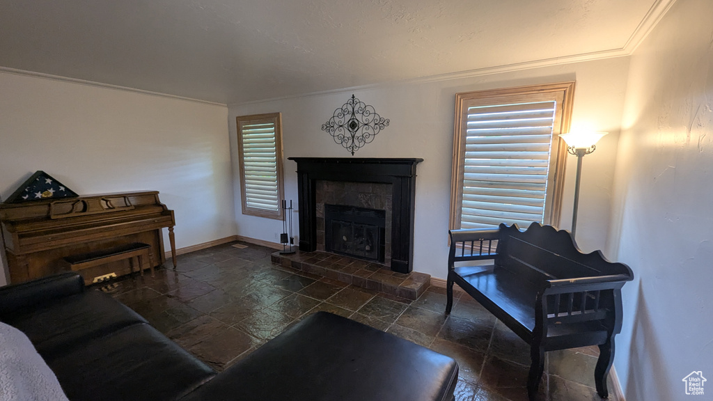 Living area featuring stone tile floors, a fireplace, and crown molding