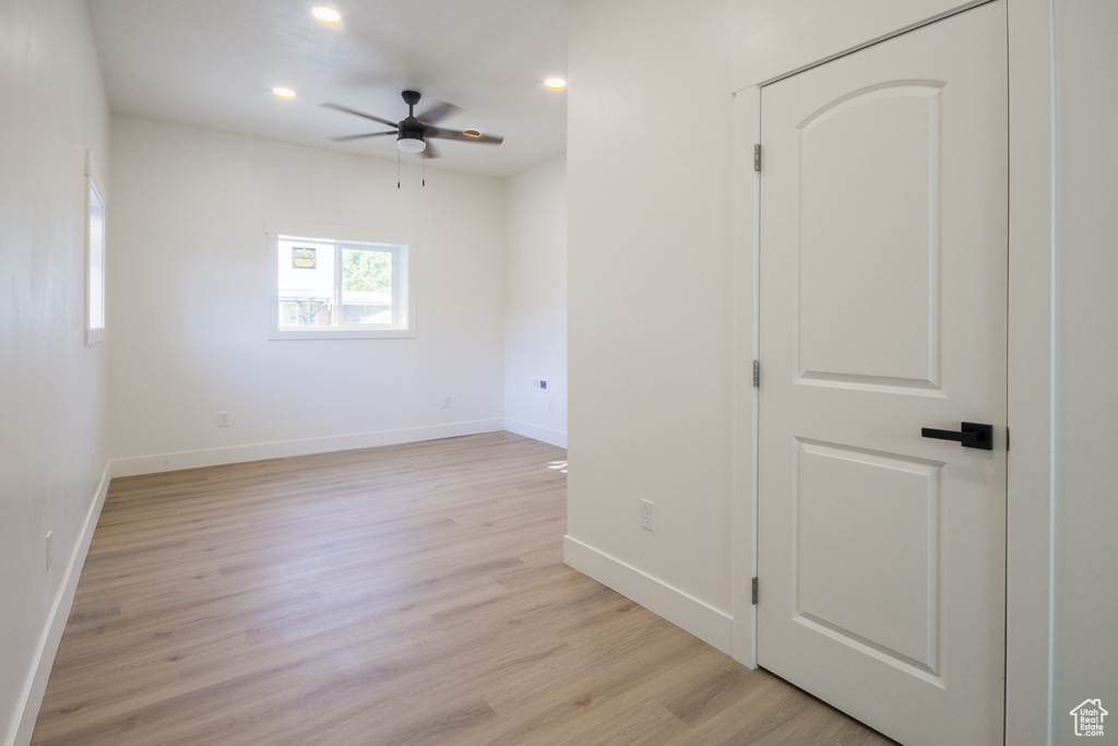 Spare room featuring ceiling fan, recessed lighting, and light wood-style flooring