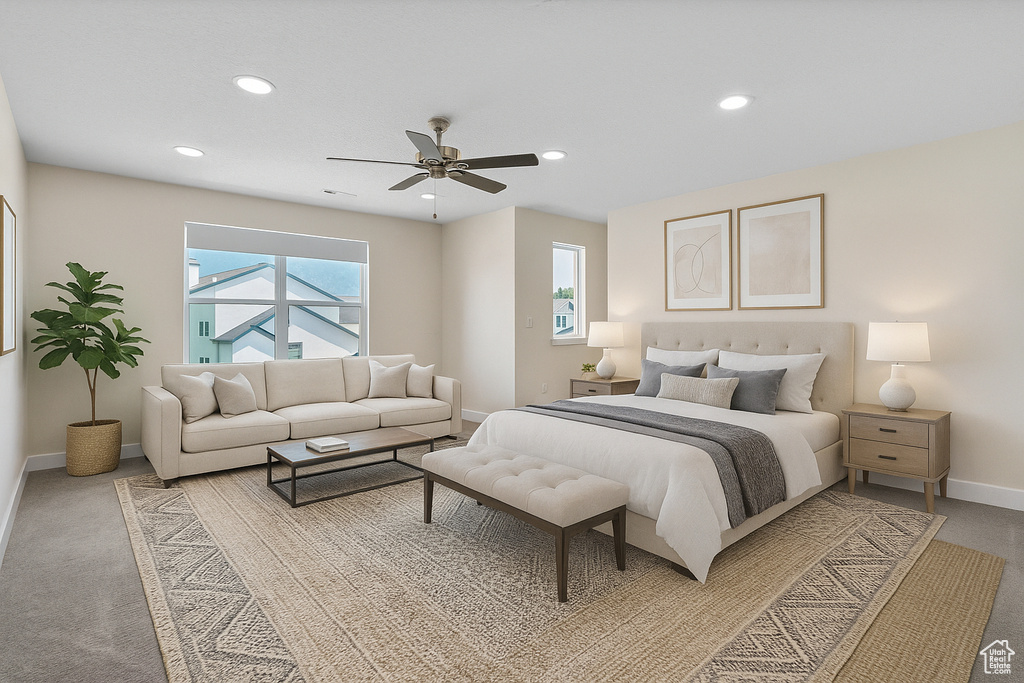 Bedroom featuring recessed lighting, light colored carpet, and a ceiling fan