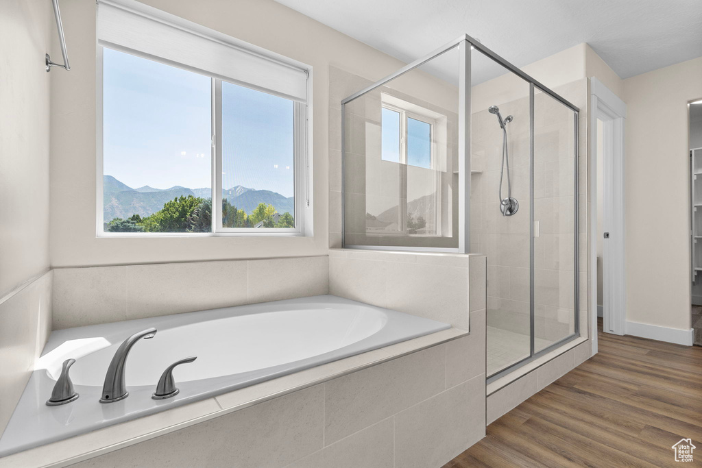 Bathroom with a stall shower, a bath, a mountain view, and wood finished floors