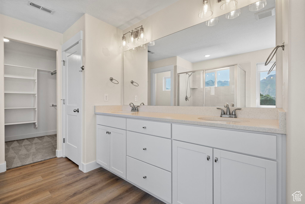 Full bathroom featuring double vanity, a shower stall, wood finished floors, and a walk in closet