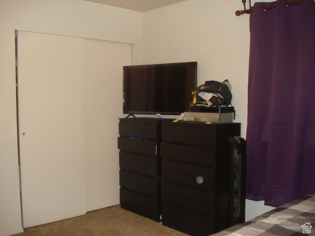 Carpeted bedroom featuring a closet