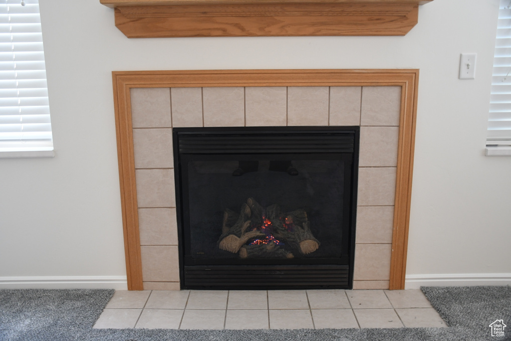 Detailed view of a fireplace with flush hearth and baseboards