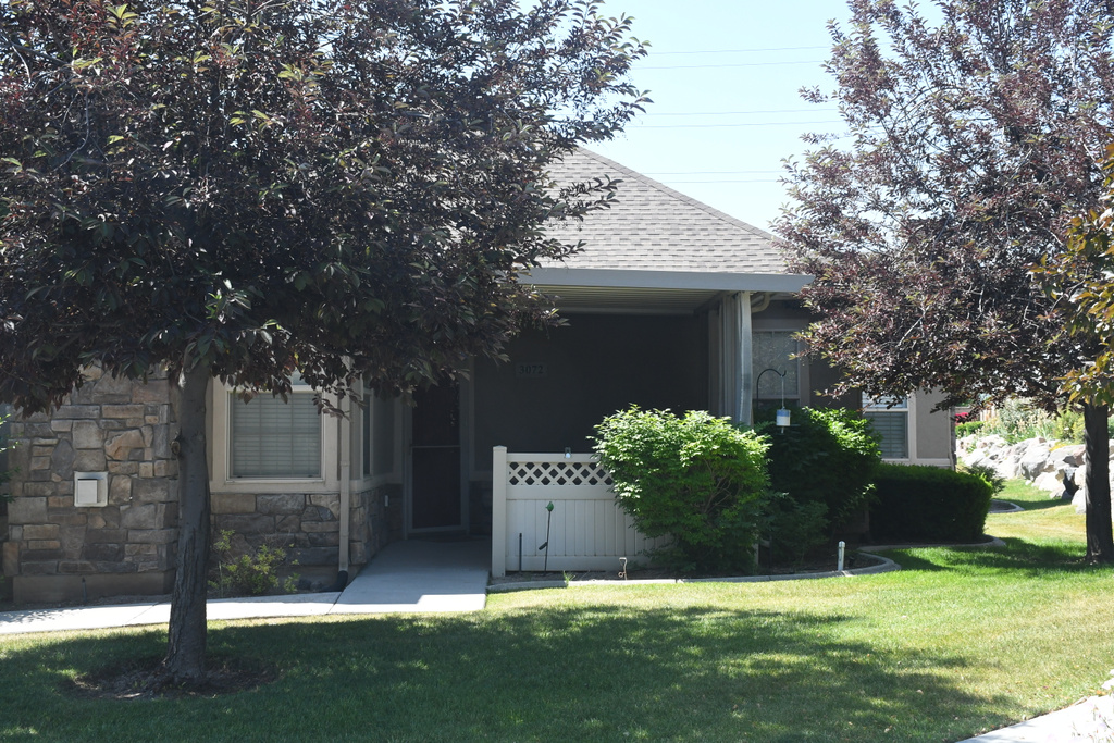 Obstructed view of property with a shingled roof and stone siding