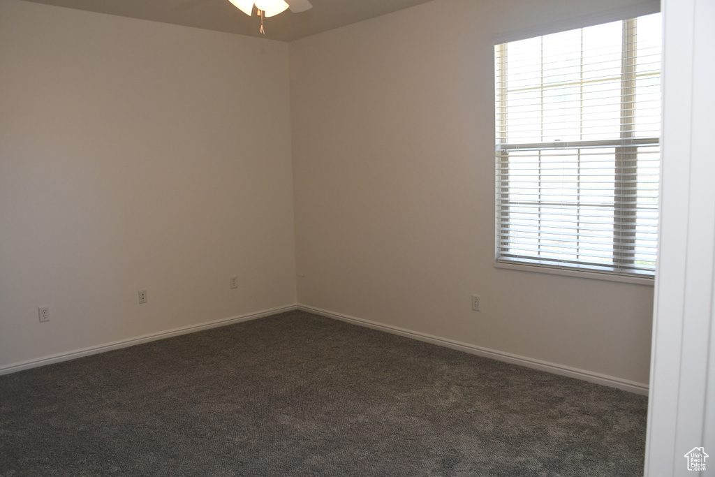 Spare room with dark colored carpet, a ceiling fan, and baseboards