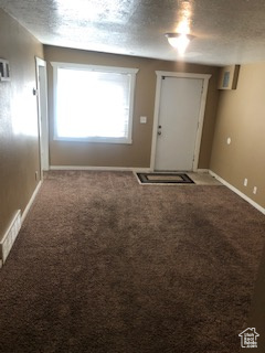 Carpeted foyer featuring a textured ceiling