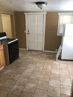 Kitchen with gas stove, freestanding refrigerator, and a textured ceiling